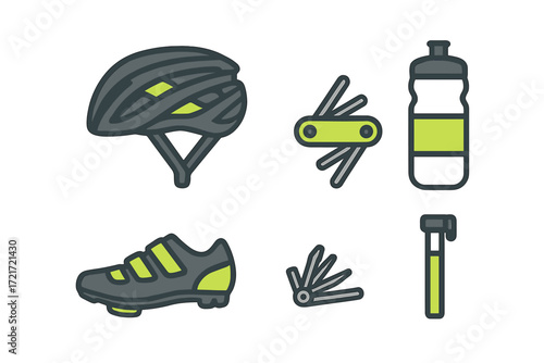 Collection of cycling gear and accessories including helmet, shoe, water bottle, multi-tool, and pump for bicycle enthusiasts