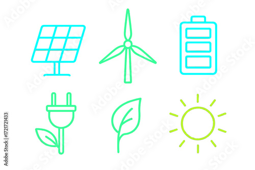 Collection of outline icons depicting various renewable energy sources and green technology solutions for sustainable living