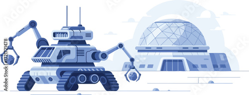 Advanced robotic exploration vehicle operates with robotic arms near a futuristic domed research facility.