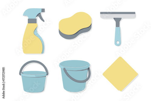 Collection of essential household cleaning tools and equipment for domestic chores and hygiene maintenance