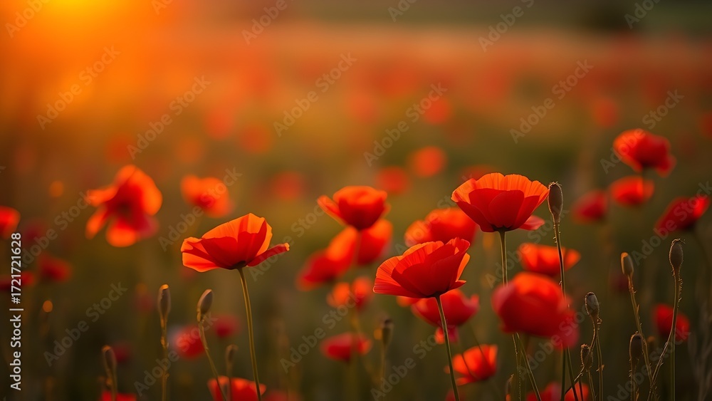 Fototapeta premium Vibrant red poppies glowing under the golden light of a sunset.