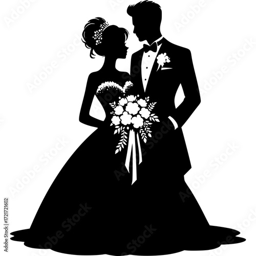 Eternal Embrace: Silhouette of a radiant bride and groom on their wedding day. The bride holds a bouquet and gazes at her groom in an intimate scene.