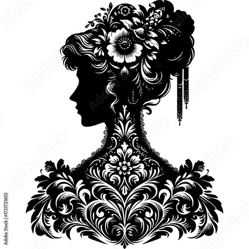 Silhouette of Elegance: Capturing the timeless allure, this elegant silhouette showcases a woman adorned with intricate floral details in a black and white.
