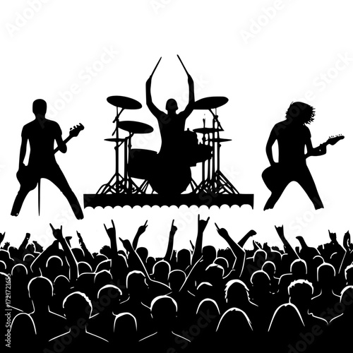Rhythmic Silhouette: Witness the electrifying synergy of a musical band performing live before an excited audience, showcasing the energy and passion of a rock concert.