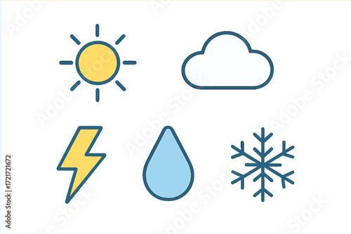 Modern flat design weather forecast symbols for climate conditions and atmospheric phenomena like sun cloud lightning rain and snow