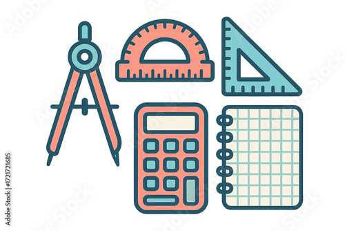Set of colorful school supplies and geometry instruments for academic studies and educational concepts