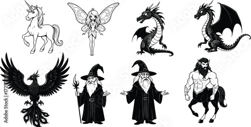 Fantasy mythical creatures and characters illustration with unicorn, fairy, dragon, phoenix, wizard, centaur, black and white magical artwork