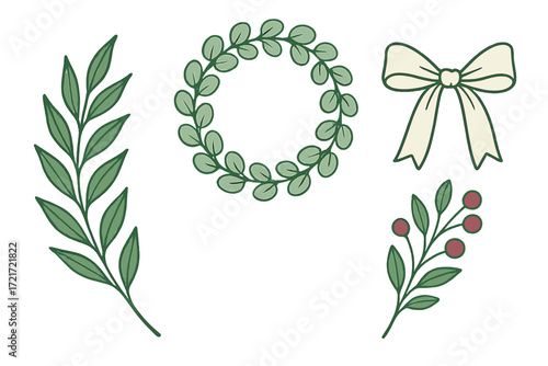 Collection of festive holiday decorative elements including green leaves, a botanical wreath, red berries, and a cream bow
