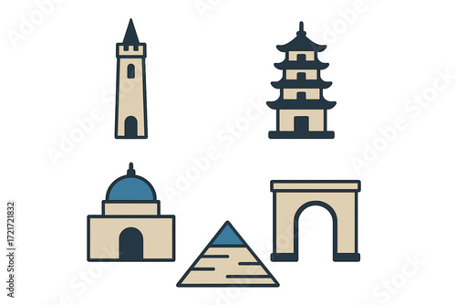 Diverse collection of iconic world landmarks and famous architectural structures representing global travel destinations