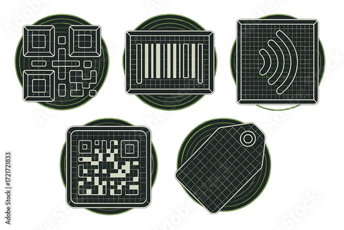 Modern digital identification codes, barcode, QR code, wireless signal, and price tag symbols for data management and tracking