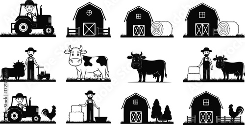 Farm life illustration set, farmer, tractor, barn, cow, bull, rooster, hay bale, agriculture, livestock, rural countryside, black and white