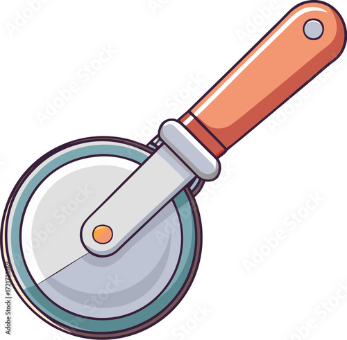 A simple illustration of a pizza cutter with an orange handle on a gray background