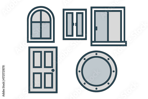 Architectural building elements featuring diverse window shapes, a traditional entrance door, and a porthole window