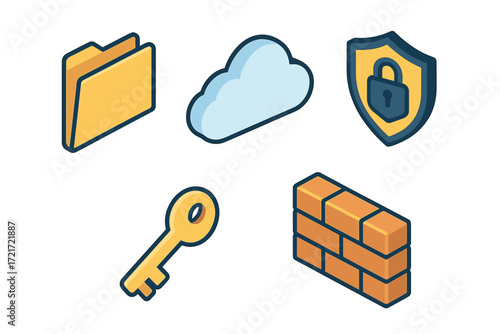 Isometric icons representing digital data management, cloud storage, network security, and access control concepts
