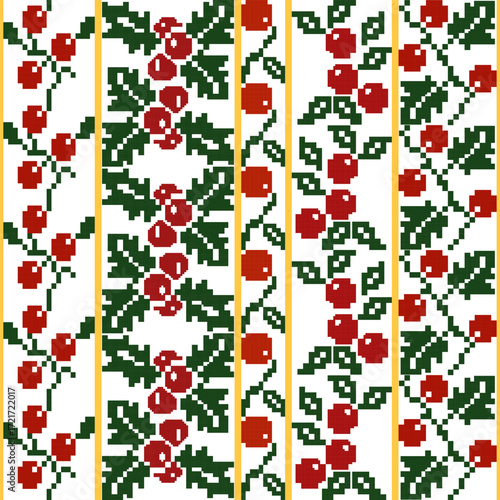 pixel art seamless pattern red green cross-stitch motif, festive folk embroidery winter textile ornament, Scandinavian decoration, geometric fabric pattern, Christmas needlework heritage craft vintage