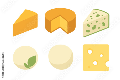 Assortment of various cheese types including wedges, rounds, and blocks for dairy food concepts
