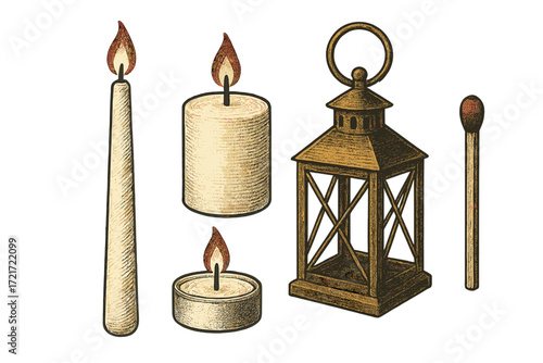 Set of various burning candles including taper, pillar, and tea light with a classic vintage style lantern and wooden matchstick