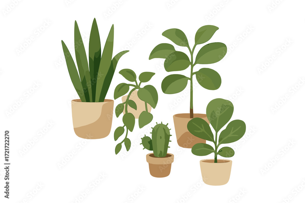 Obraz premium Assortment of popular indoor green potted plants including snake plant, cactus, and leafy varieties for home decoration