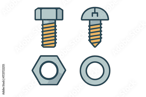 Collection of essential metal fasteners for construction and assembly including a bolt screw nut and washer