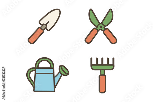 A comprehensive collection of essential gardening tools for various outdoor tasks including planting, pruning, and watering