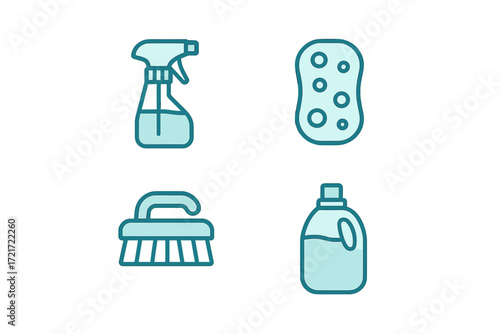 Household cleaning supplies and tools like spray bottle, sponge, scrub brush, and detergent for domestic hygiene