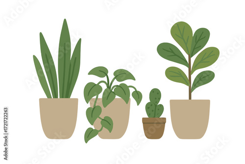 Stylized collection of green potted houseplants featuring diverse leaf shapes and earthy pot designs for interior decoration