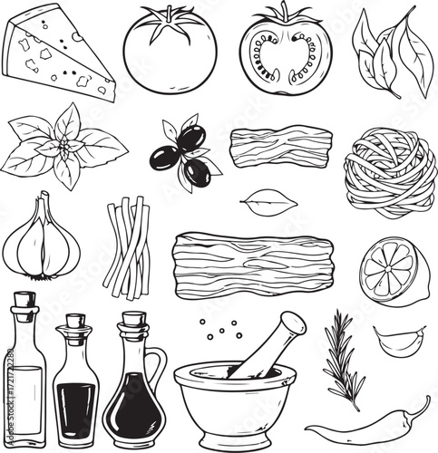 Hand Drawn Italian Food Ingredients And Seasonings cooking cuisine