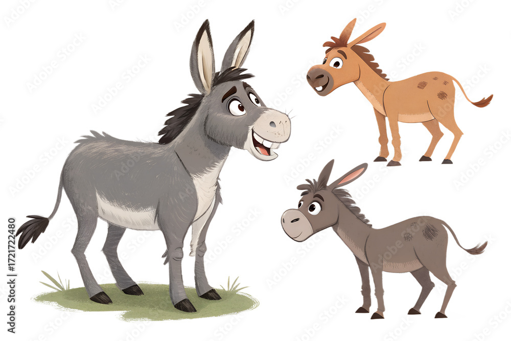Obraz premium Various Donkeys PNG – Cartoon and Realistic Donkey Illustrations on Transparent Background