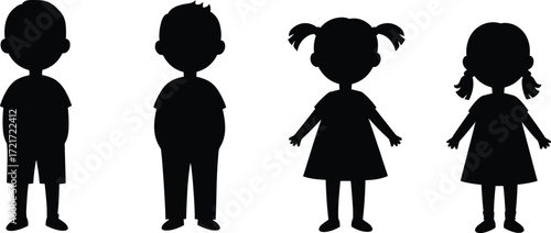 PrintSilhouette illustration of children, boys and girls, standing together, kids vector design, childhood concept, cartoon style, education, school, family