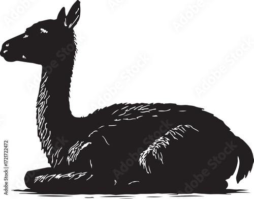 Silhouette of a vicu a peacefully resting on a white background showcasing its elegant profile and long neck