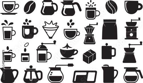 Coffee Preparation Equipment Black Silhouette Vector Illustration Set