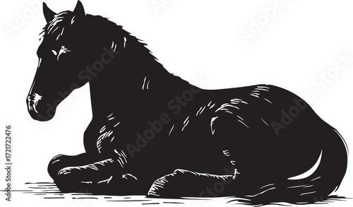 Silhouette of a majestic black horse resting peacefully on a white background in a detailed artistic drawing