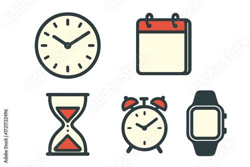 Collection of time management and scheduling symbols featuring various clocks, calendar, hourglass, and smartwatch
