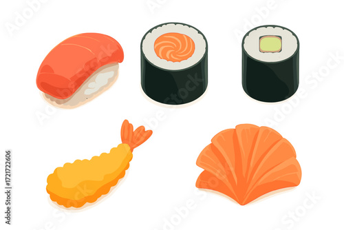 Assortment of popular Japanese cuisine dishes including sushi, maki rolls, tempura shrimp, and sashimi slices