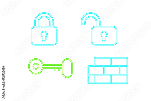 Abstract neon symbols for digital security, access control, and data protection featuring lock, key, and firewall