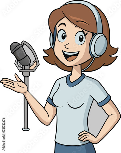 Cartoon woman with headphones and microphone speaking into a vintage microphone
