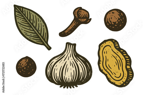 Collection of various aromatic cooking spices and fresh culinary ingredients including garlic, bay leaf, clove, and peppercorns