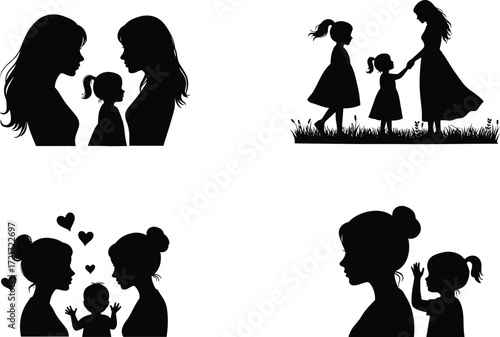 PrintSilhouette mother and daughter love, family bond, parenting care, childhood connection, affection, relationship, support, happiness, illustration, vector, design, art