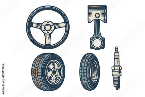 Automotive parts collection: steering wheel, engine piston, car tires, spark plug for vehicle maintenance and repair