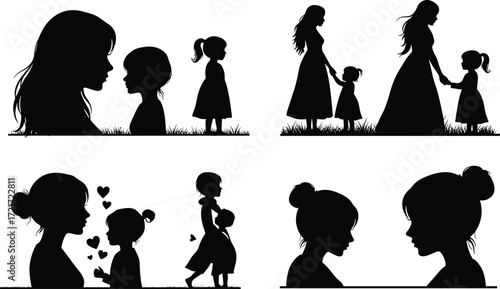 PrintSilhouette mother and daughter together, family love, parenting bond, childhood connection, maternal care, affection, relationship, support, happiness, vector, illustration, design