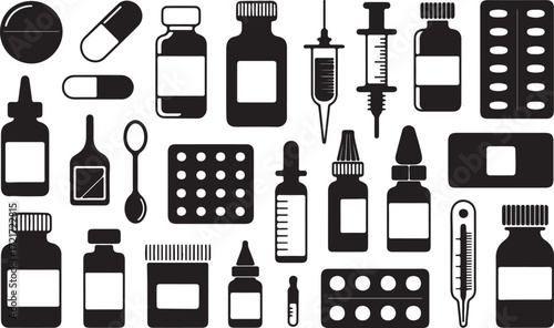 Pharmacy Black Silhouette Vector Illustration Set With Medical Drugs