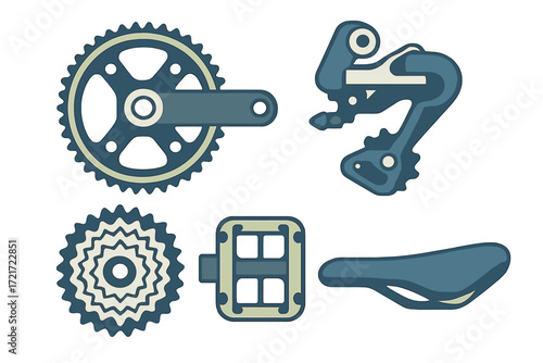 Essential bicycle components including a front chainring, rear derailleur, cassette, pedal, and saddle