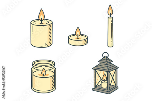 Collection of burning candles in different forms including pillar, tea light, taper, jar, and a decorative lantern
