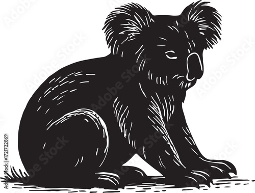 Black and white linocut illustration of a fluffy koala bear sitting calmly on a textured surface
