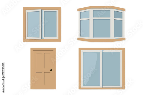 Architectural elements set featuring various house windows including bay, open, and sliding designs with a classic wooden door