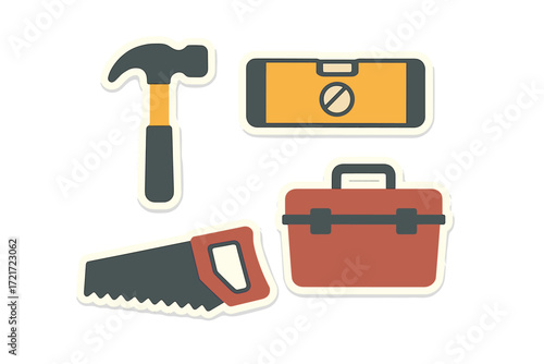 Essential construction and home repair tools including hammer saw level and toolbox for various DIY projects and maintenance tasks
