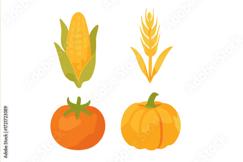 Fresh autumn produce with corn on the cob, golden wheat, ripe red tomato, and cheerful orange pumpkin