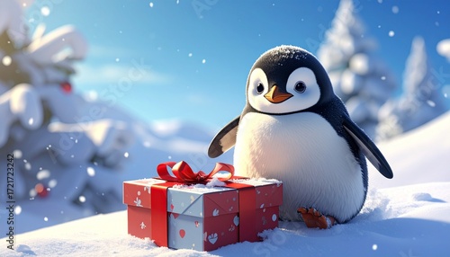 Fun 3D render of little penguin sliding playfully on a Christmas gift box, snowy background with copy space, festive and cheerful holiday illustration.