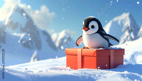 Fun 3D render of little penguin sliding playfully on a Christmas gift box, snowy background with copy space, festive and cheerful holiday illustration.