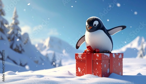 Fun 3D render of little penguin sliding playfully on a Christmas gift box, snowy background with copy space, festive and cheerful holiday illustration.